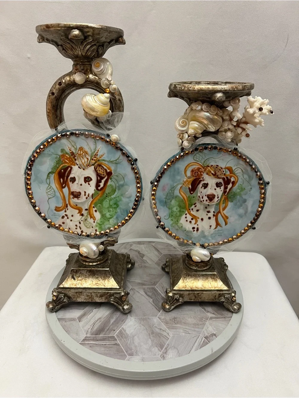 Set of 2 Coastal Dalmatian Dog Seashell Jeweled Candle Holders Sculptures